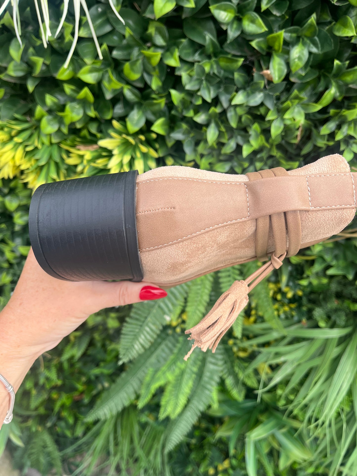 Block Heel Tassel Ankle Boots - Beige