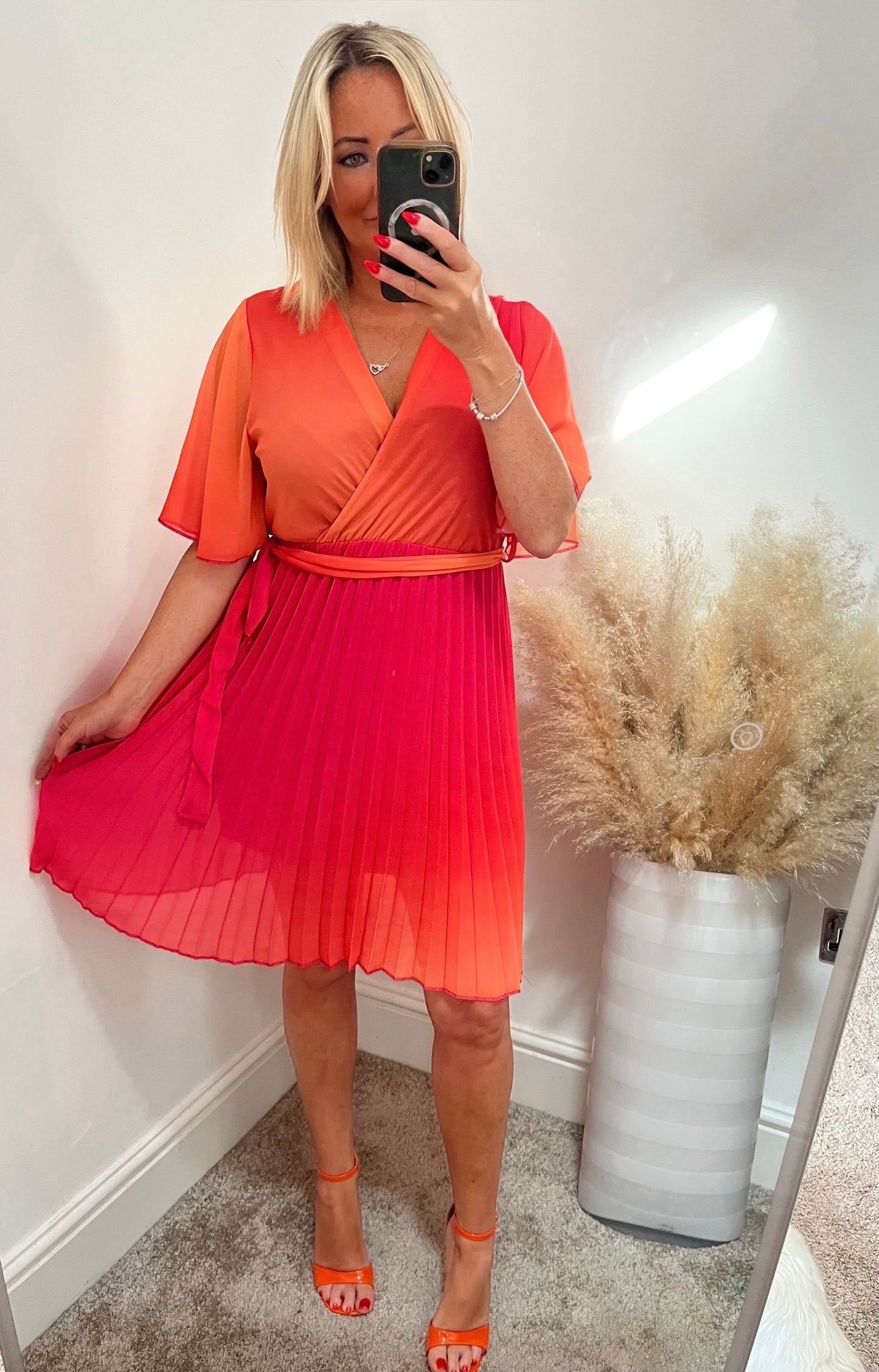 Sunset Ombré Pleated A Line Dress - Orange/Pink