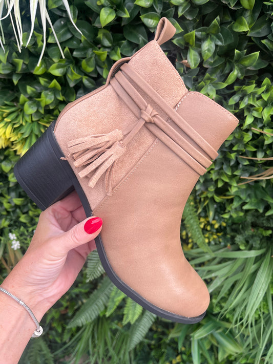 Block Heel Tassel Ankle Boots - Beige