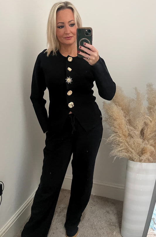 Gold Button Cardigan - Black