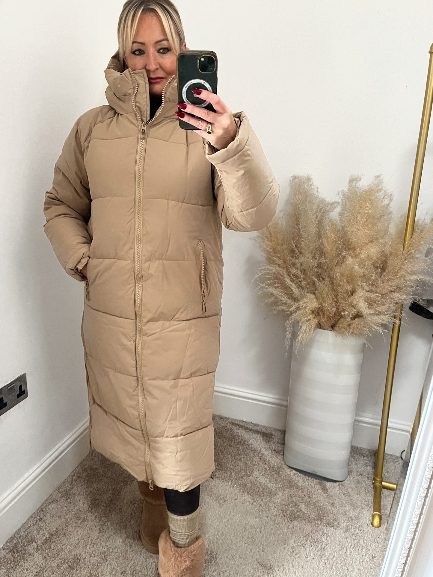 Insulated Quilted Long Coat - Beige