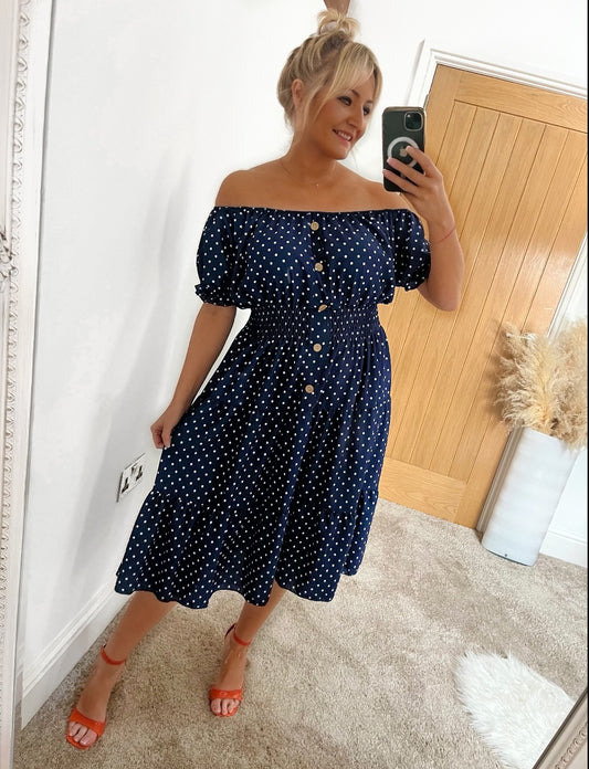 Shirred Waist Magic Dress - Navy Polka Dot