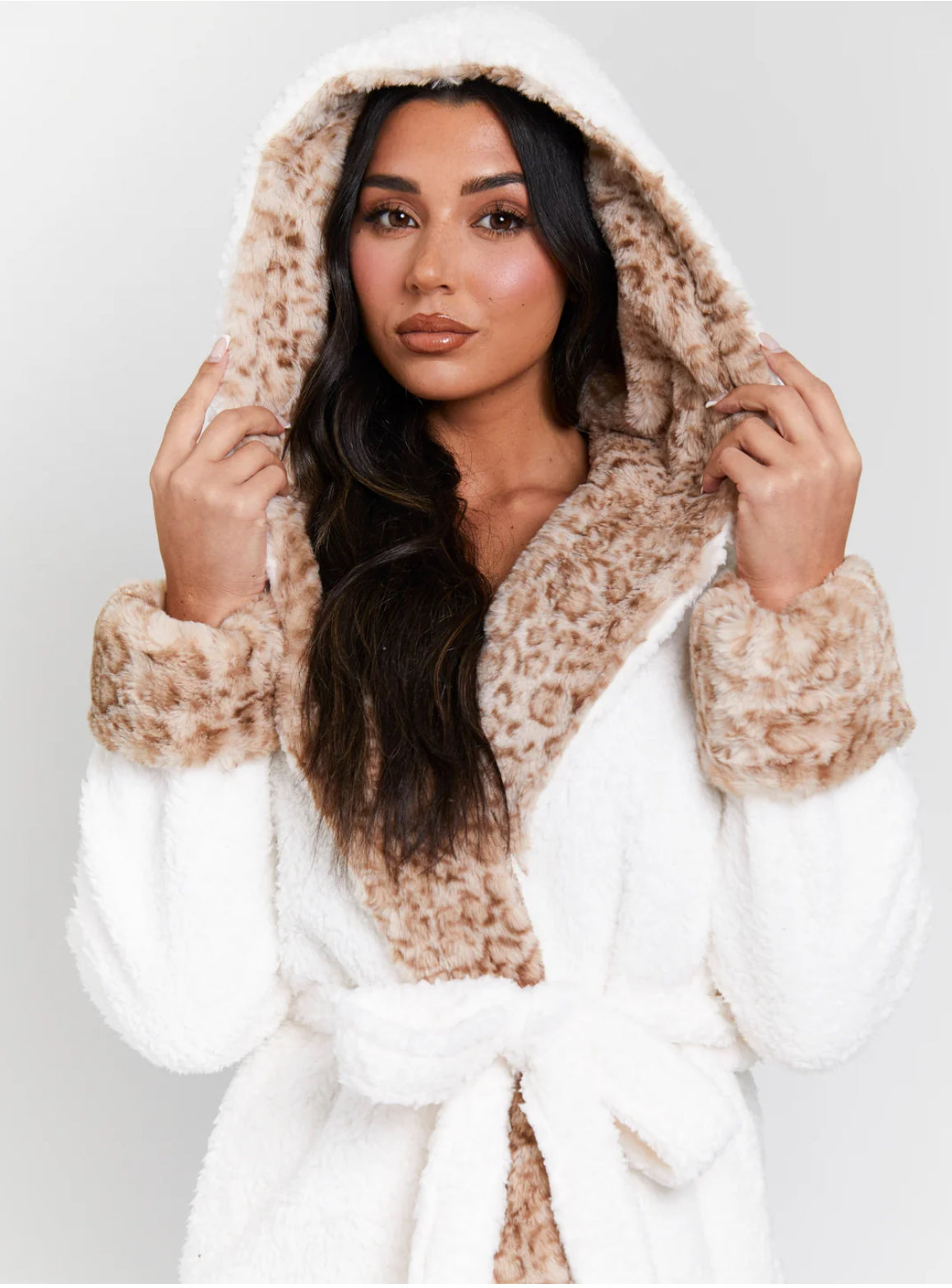 Leopard Faux Fur Trim Maxi Dressing Gown