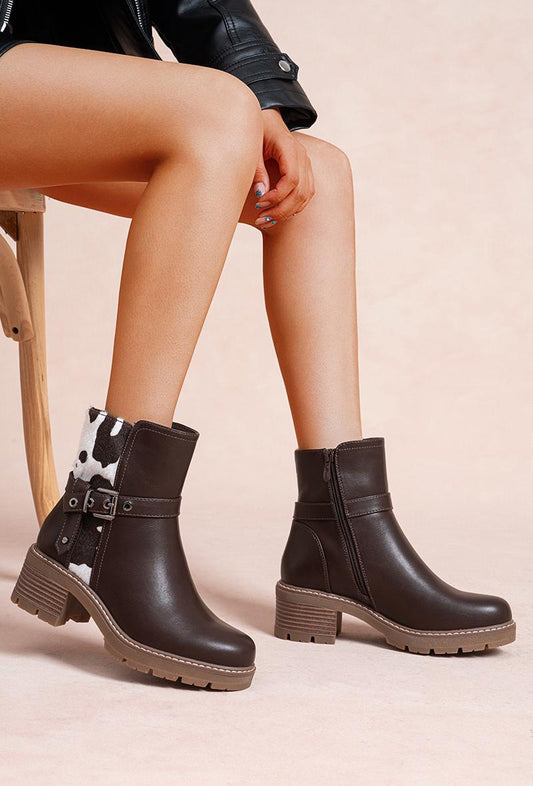 Mahagany Cow Print Ankle Boots