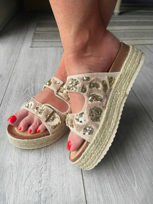 Gold/Beige Flatform Slides