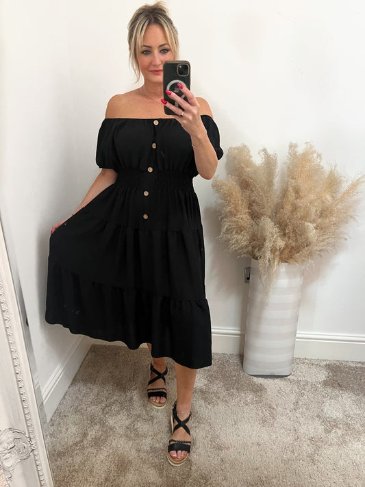 Coco Black Shirred Waist Magic Dress