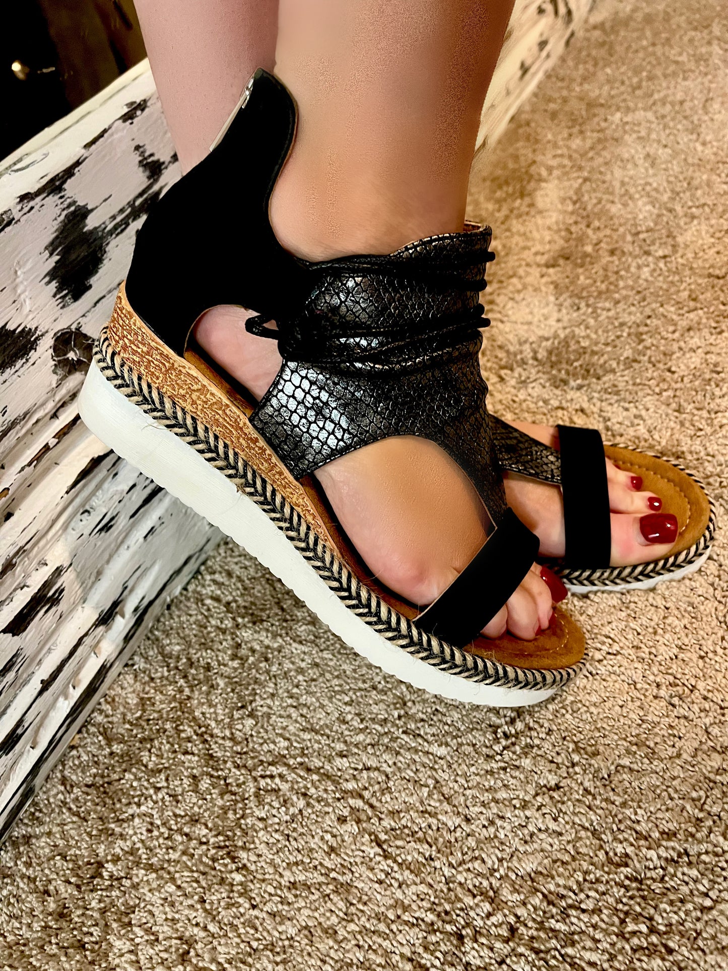 Tru Black Wedge Sandals