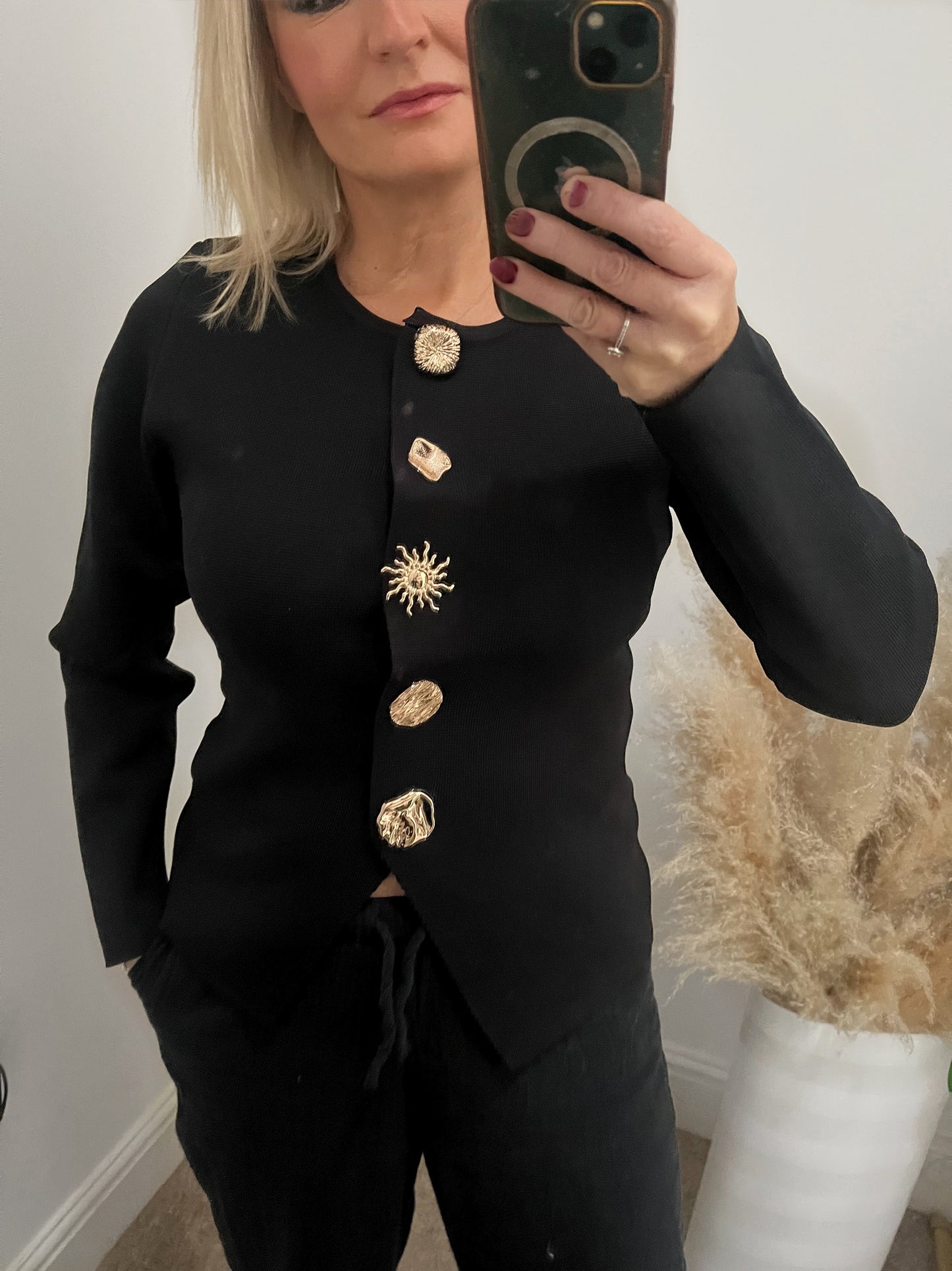 Gold Button Cardigan - Black