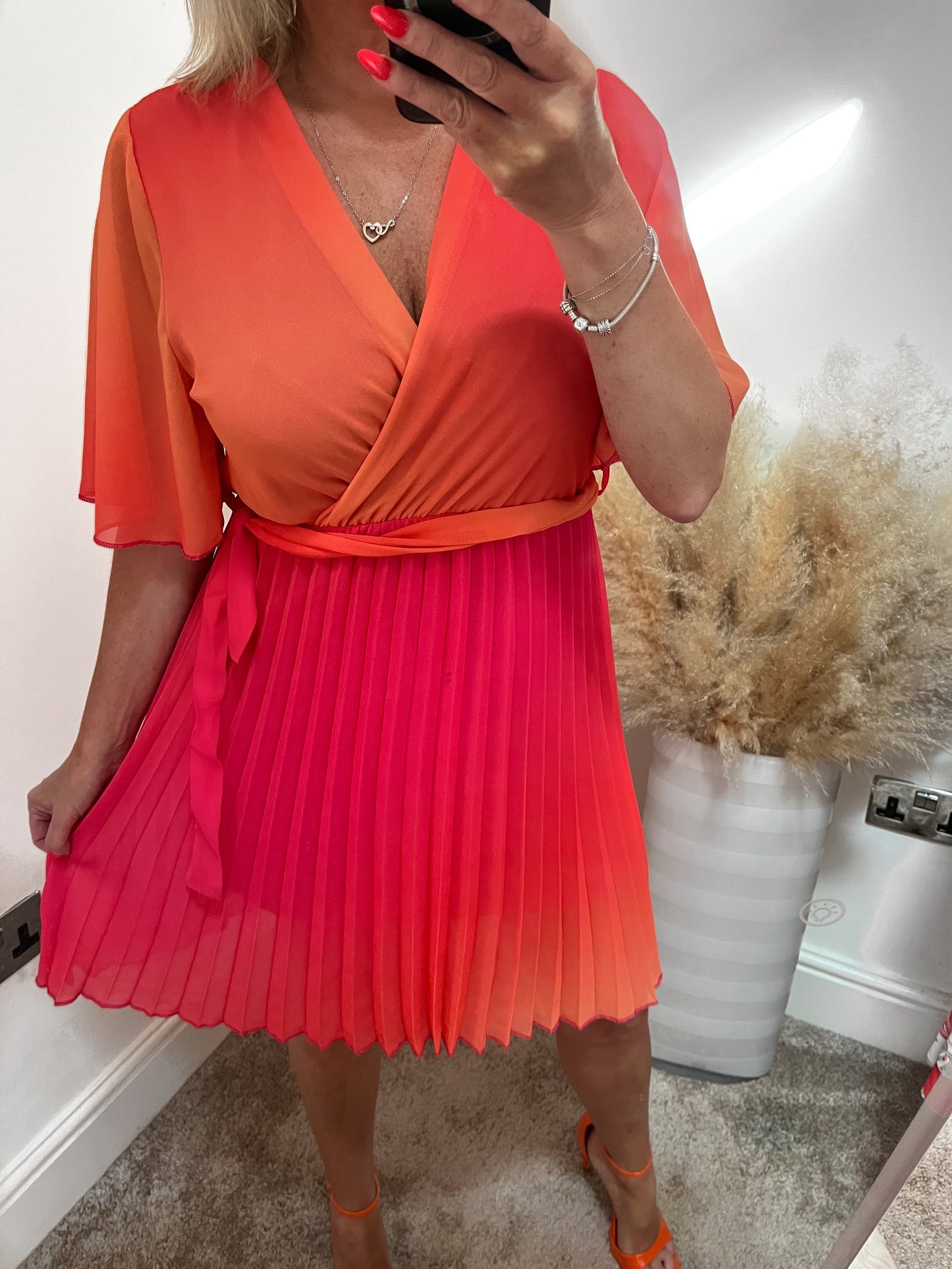 Sunset Ombré Pleated A Line Dress - Orange/Pink