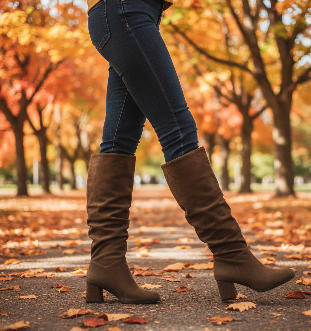 Low block Heel Ruched Boots - Brown