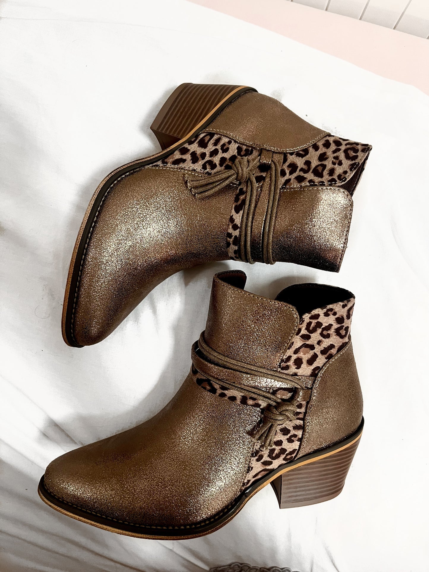 Metalic Western Leopard Ankle Boots - Taupe