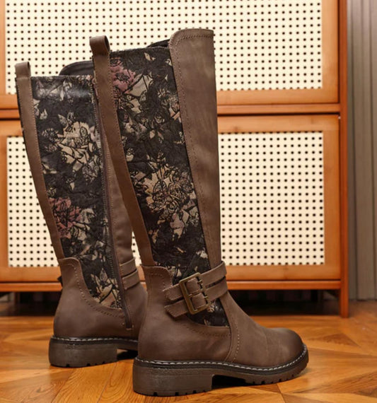 Knee High Pattern Boots - Brown
