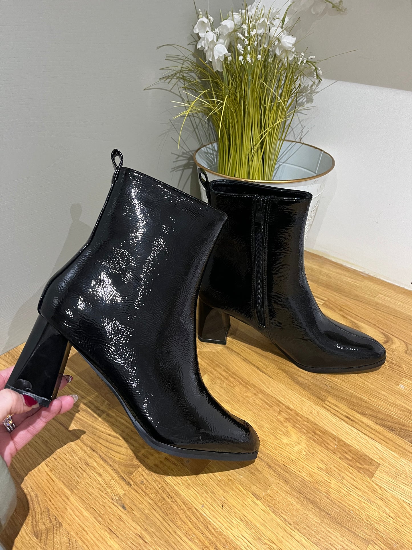 Patent Block Heel Ankle Boots