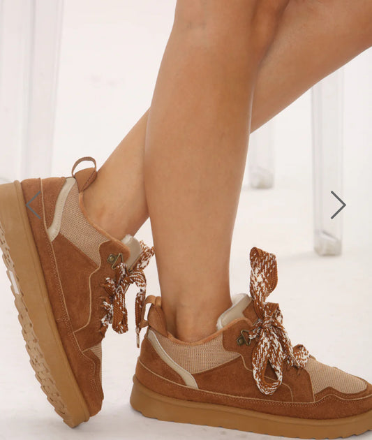 Chestnut  Faux Fur Lined Lace-Up Trainers