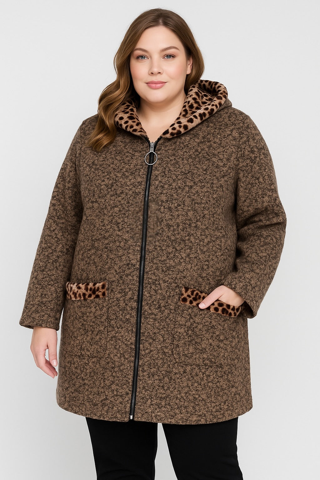 Plus Size Hooded Boucle Coatigan