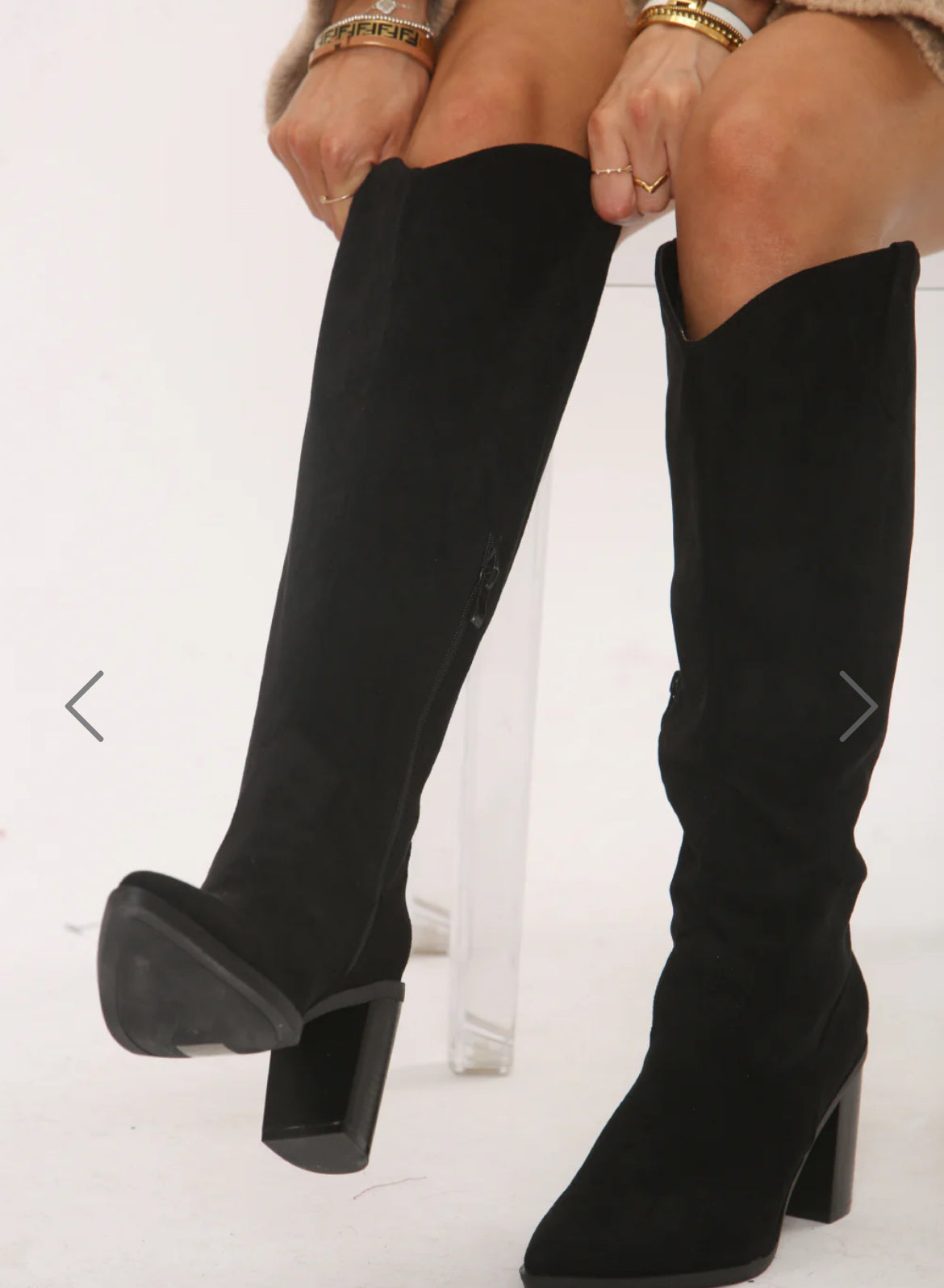 Knee High Black Suede Cowboy Block Heel Boot