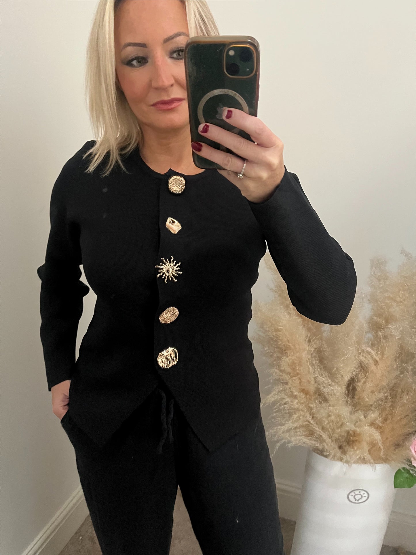 Gold Button Cardigan - Black