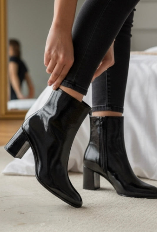 Patent Block Heel Ankle Boots