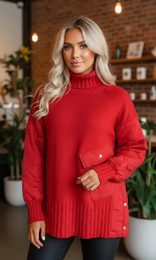 High Neck Jumper With One Pocket - Red