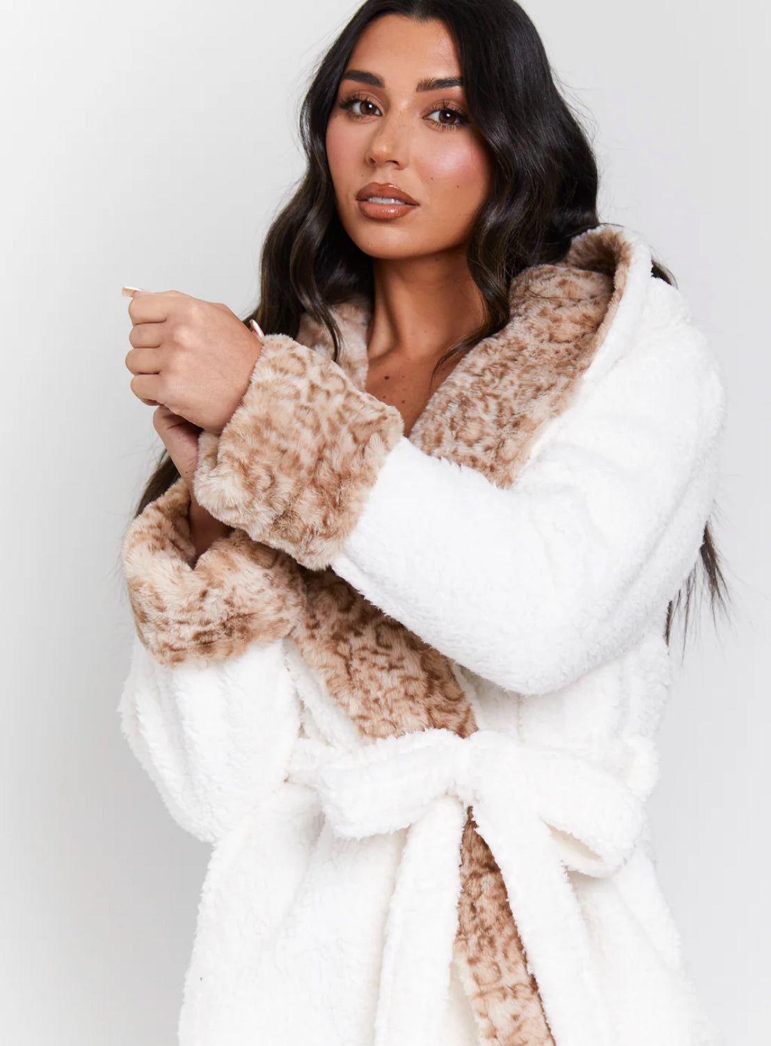 Leopard Faux Fur Trim Maxi Dressing Gown
