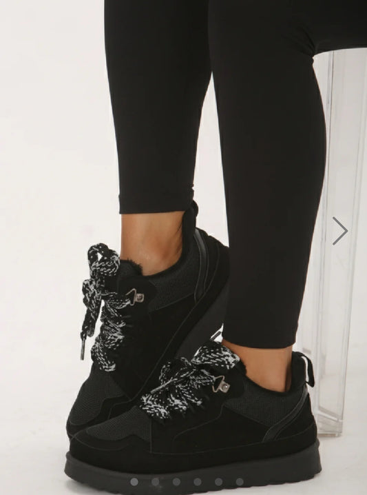 Black Faux Fur Lined Lace-Up Trainers