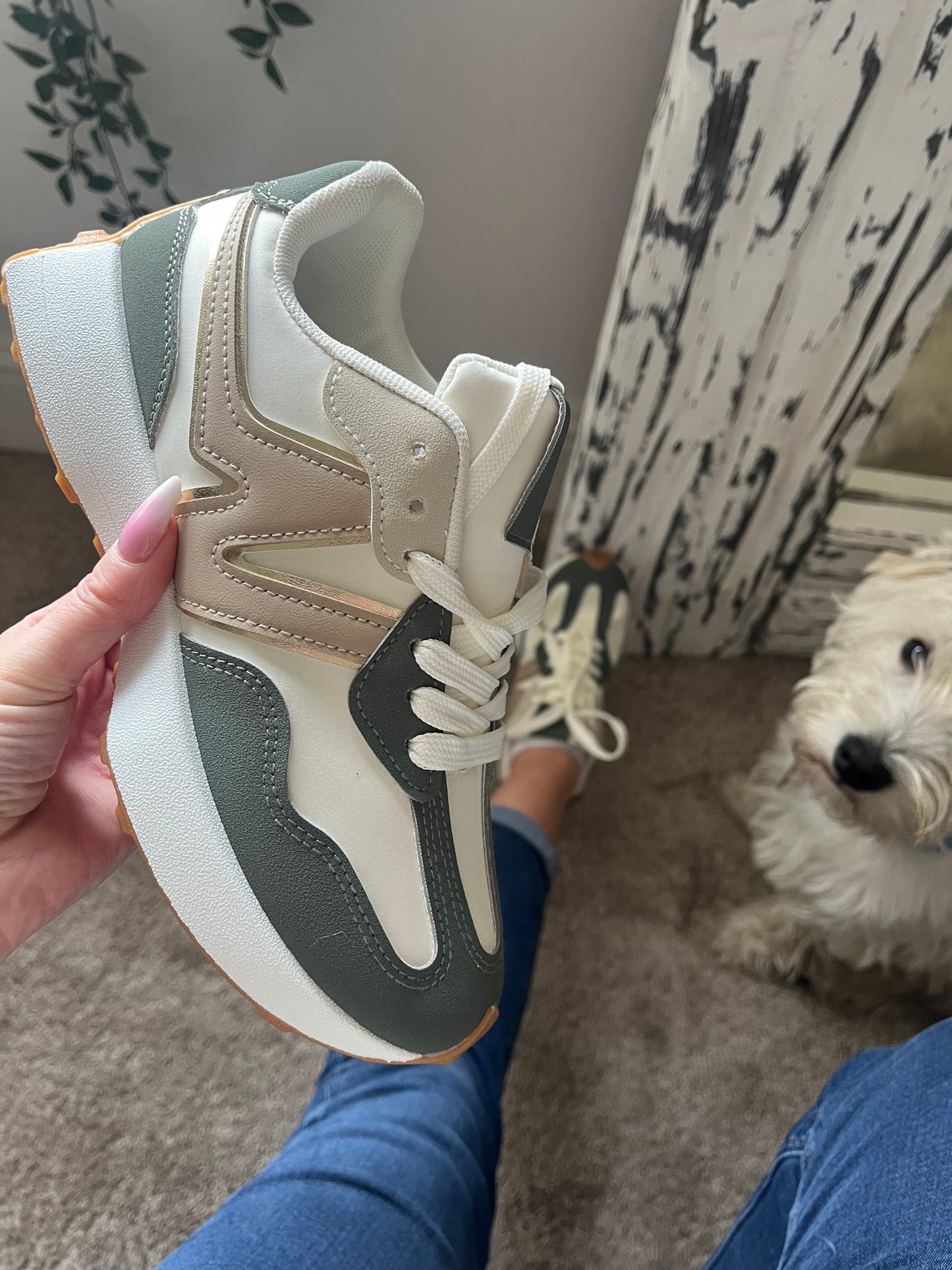 Sage Green & Gold Trainers - Order one Size up