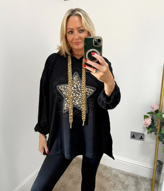 Embellished Leopard Star Hoodie - Black