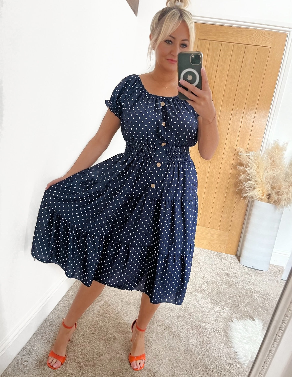 Shirred Waist Magic Dress - Navy Polka Dot