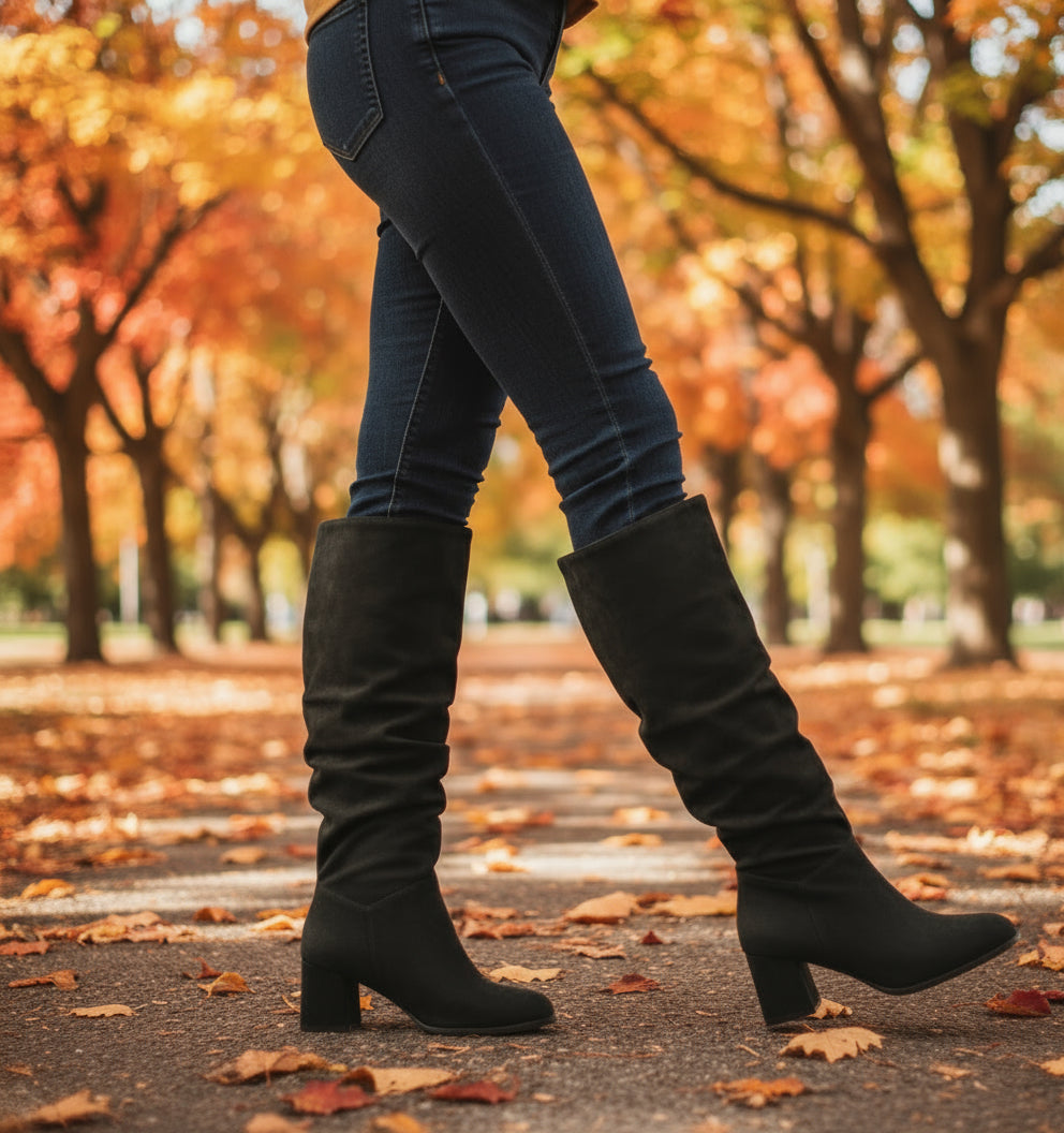 Low block Heel Ruched Boots - Black